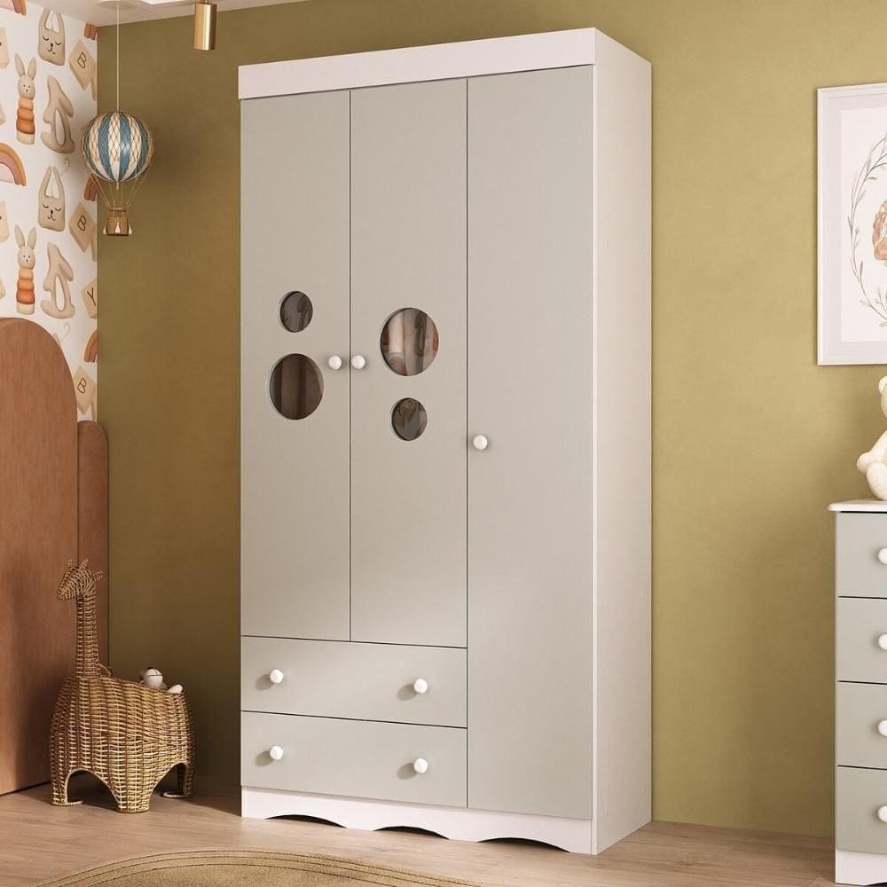 Guarda-roupa Infantil 92cm Com Vidro 3 Portas E 2 Gavetas Sonho Multimóveis MP4472 Branco-off White
