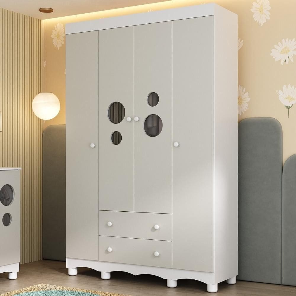 Guarda-roupa Infantil 122cm Com Vidro 4 Portas E 2 Gavetas Suspiro Multimóveis MP4458 Branco-off White