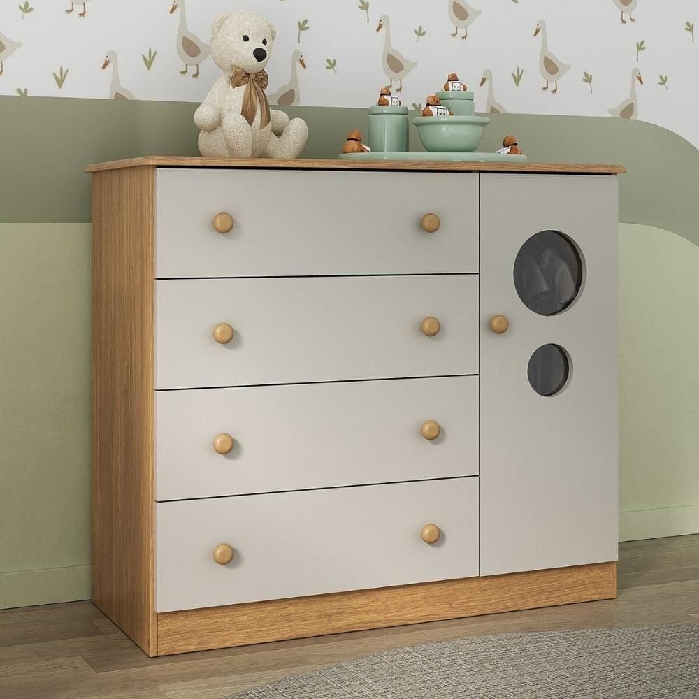 Cômoda Infantil 95cm 1 Porta Com Vidro E 4 Gavetas Pirulito Multimóveis MP4469 Madeirado-off White