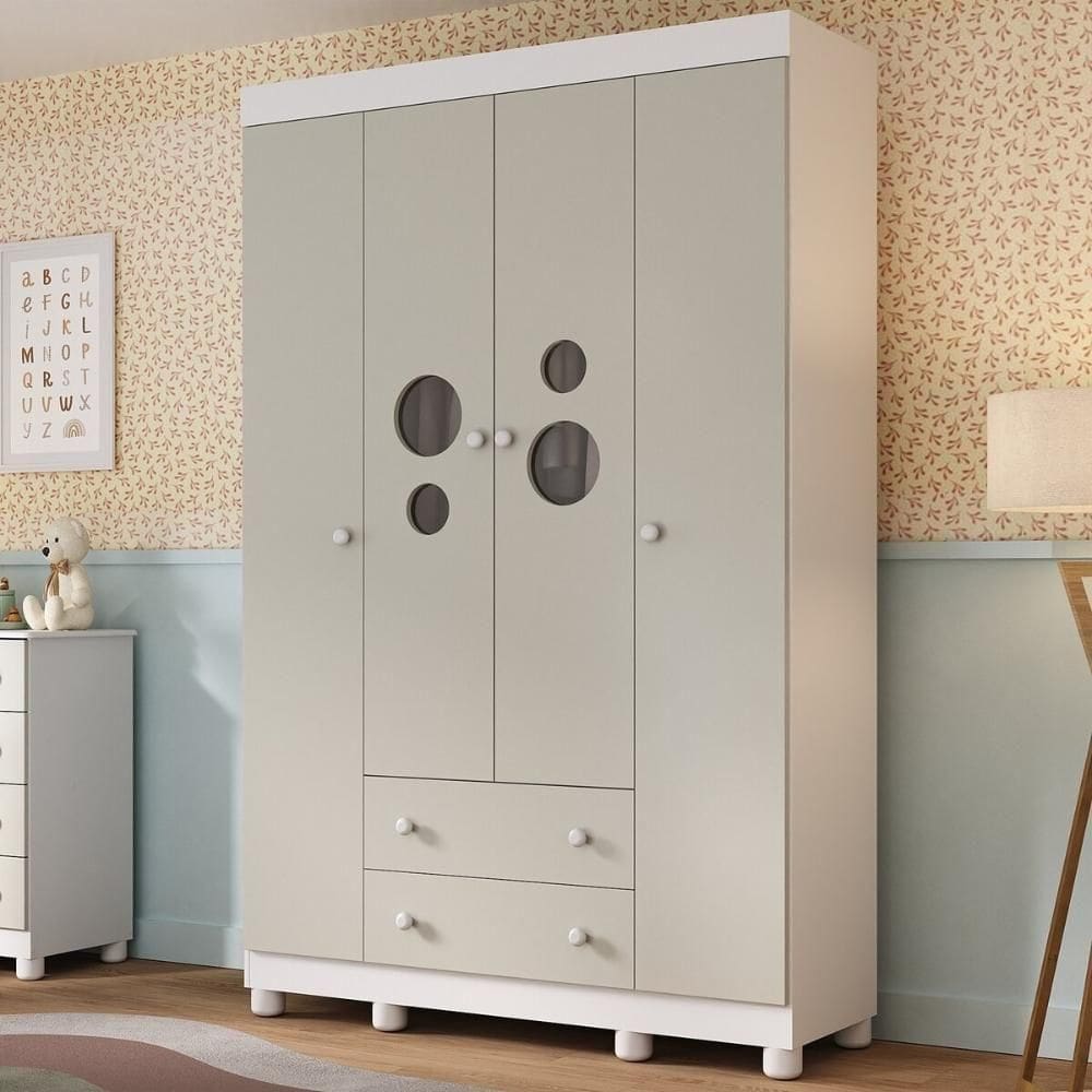 Guarda-roupa Infantil 122cm Com Vidro 4 Portas E 2 Gavetas Bombom Multimóveis MP4463 Branco-off White