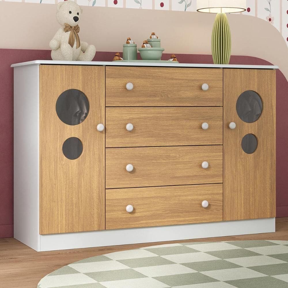 Cômoda Infantil 125cm 2 Portas Com Vidro E 4 Gavetas Pirulito Multimóveis MP4470 Branco-madeirado