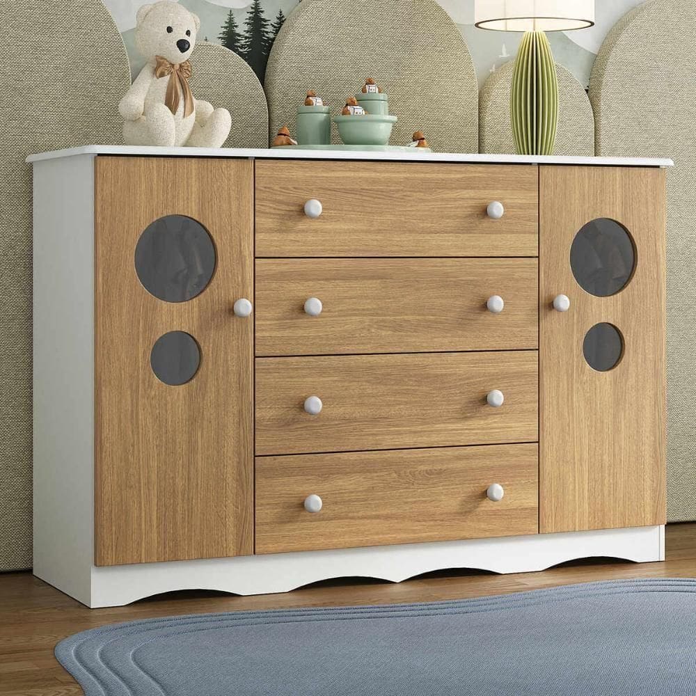 Cômoda Infantil 125cm 2 Portas Com Vidro E 4 Gavetas Sonho Multimóveis MP4475 Branco-madeirado
