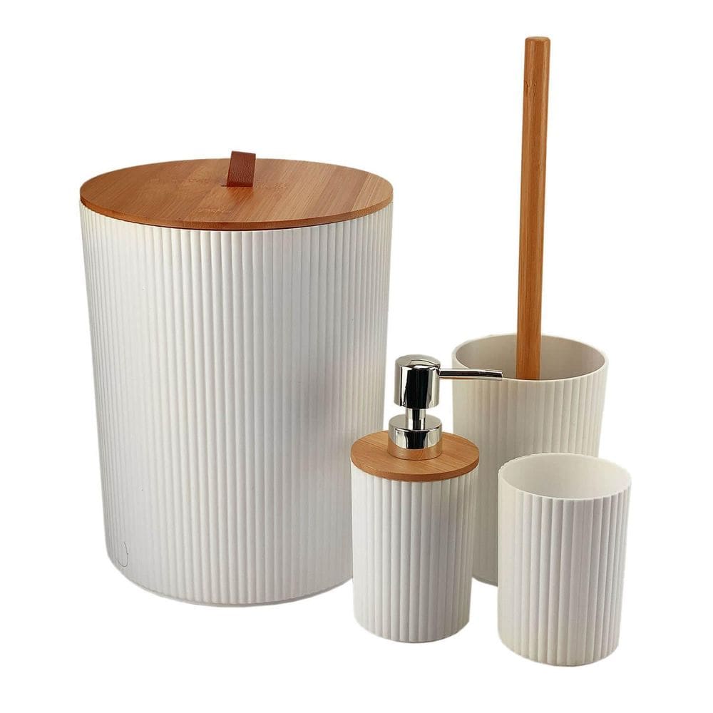 Kit Lixeira De Banheiro Com Dispenser E Escova Bambu 4 Peças