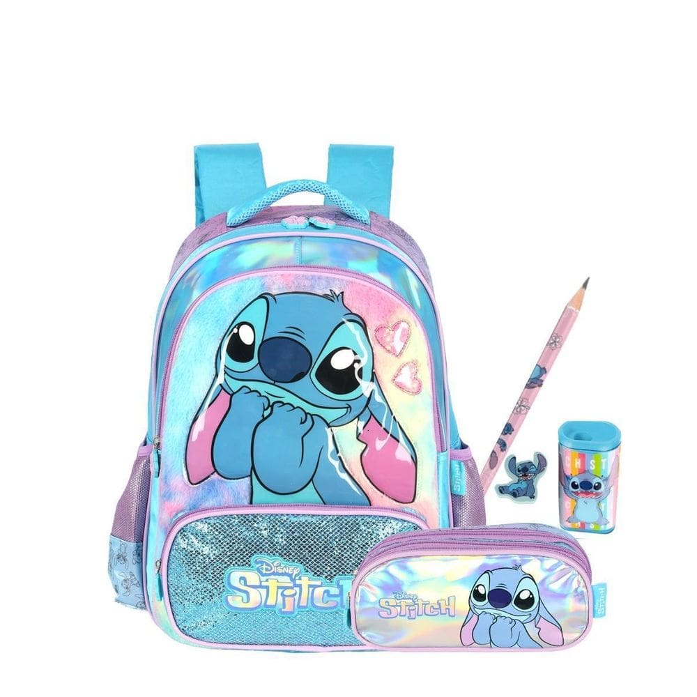 Kit Mochila Costas E Estojo Triplo Stitch Kids Holográfico