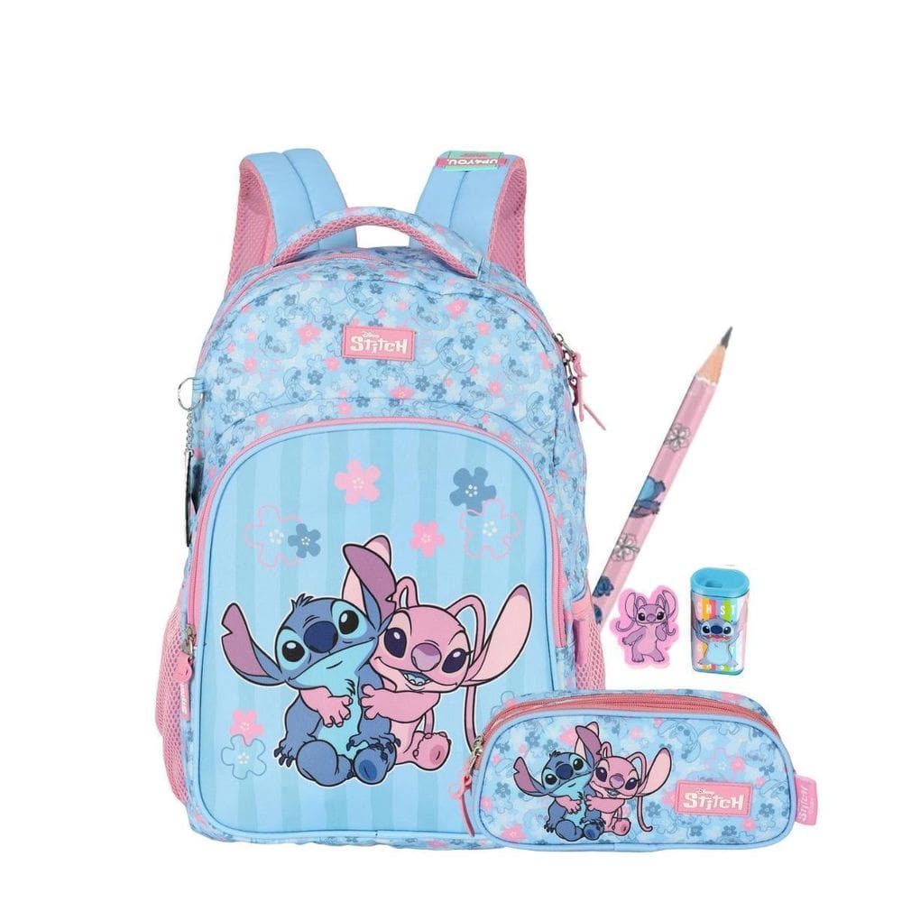 Kit Mochila Stitch Costas E Estojo Triplo Kids Escolar Rosa