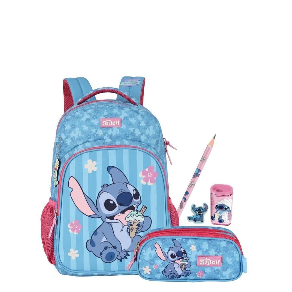 Kit Mochila Stitch Costas E Estojo Triplo Meninas Escolar