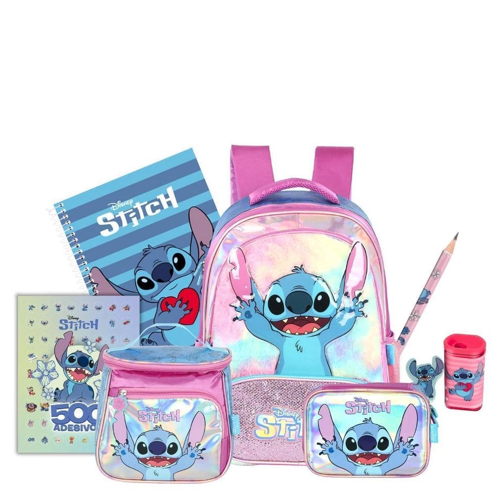 Kit Mochila Stitch Costas Lancheira E Estojo Box Holográfico