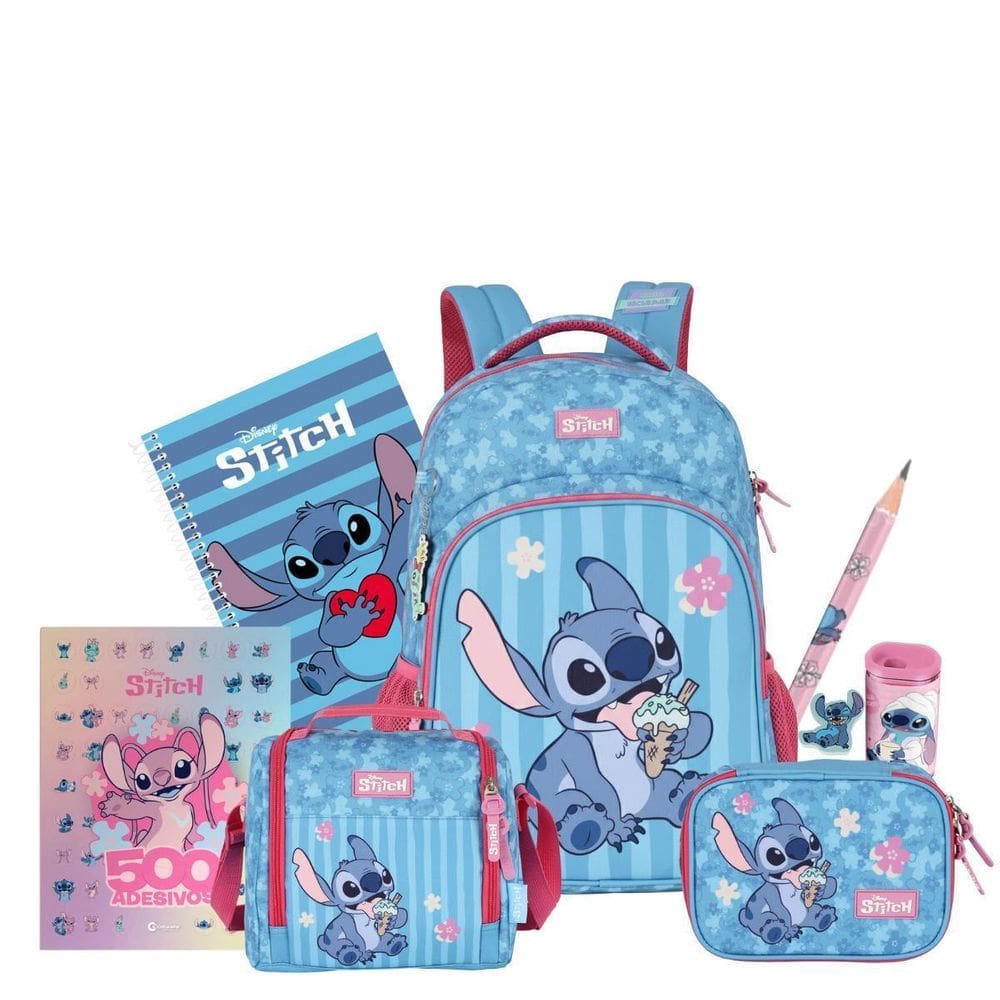 Kit Mochila Stitch Costas Kids Lancheira E Estojo Box Escola