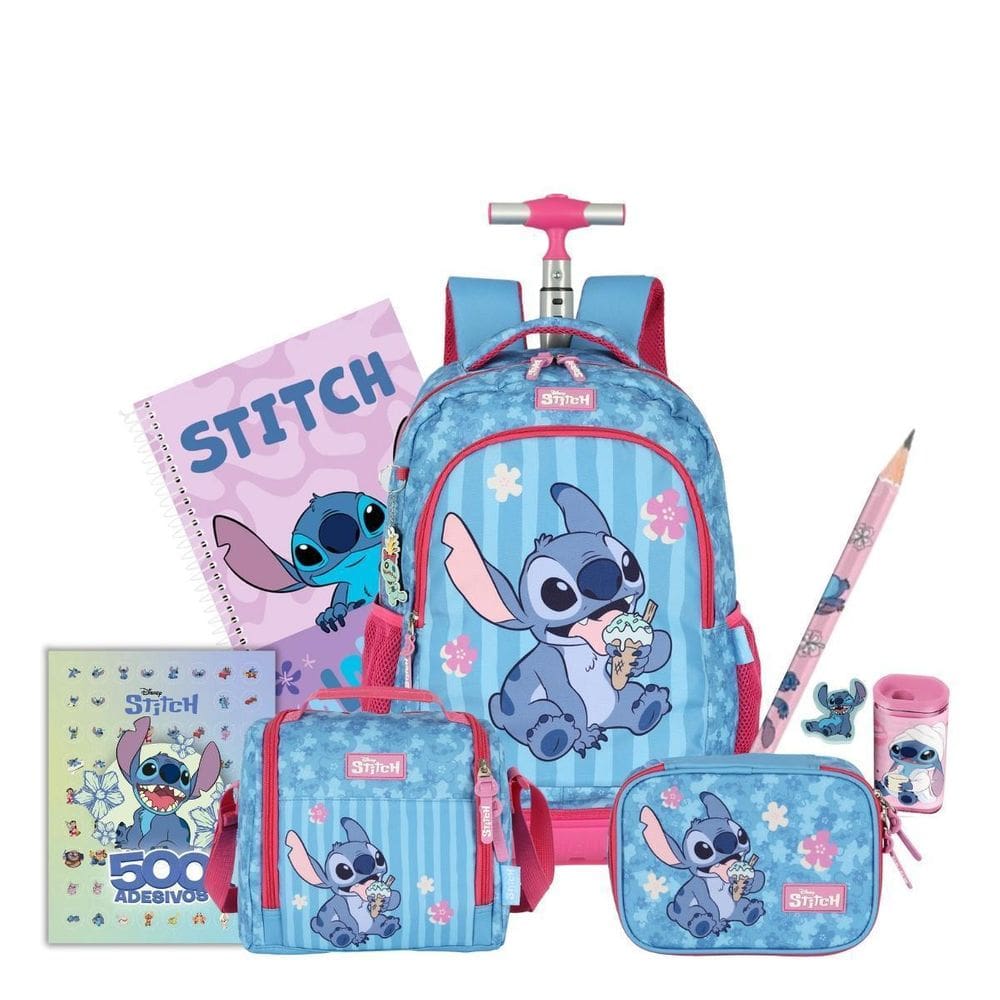 Kit Mochila Stitch Rodinhas Lancheira E Estojo Box Escolar