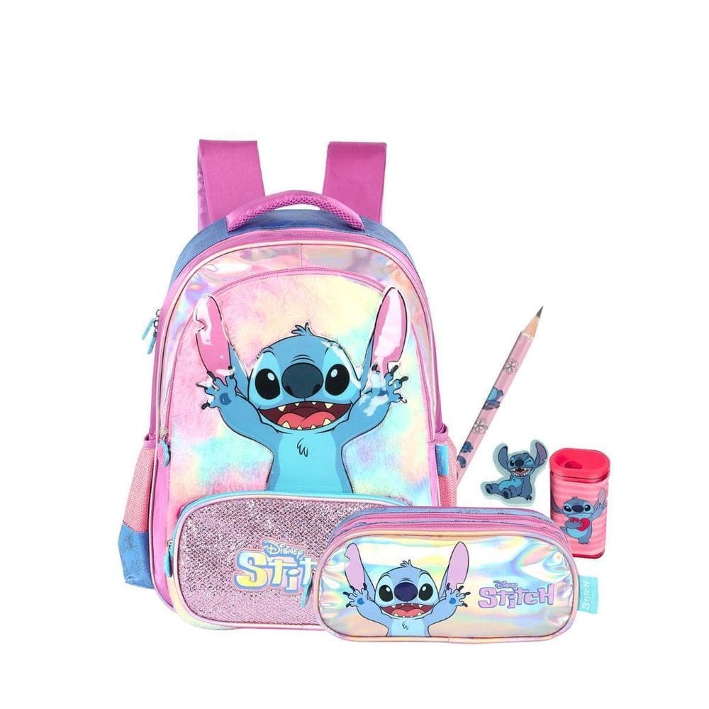 Kit Mochila Stitch Costas E Estojo Triplo Holográfico Roxo