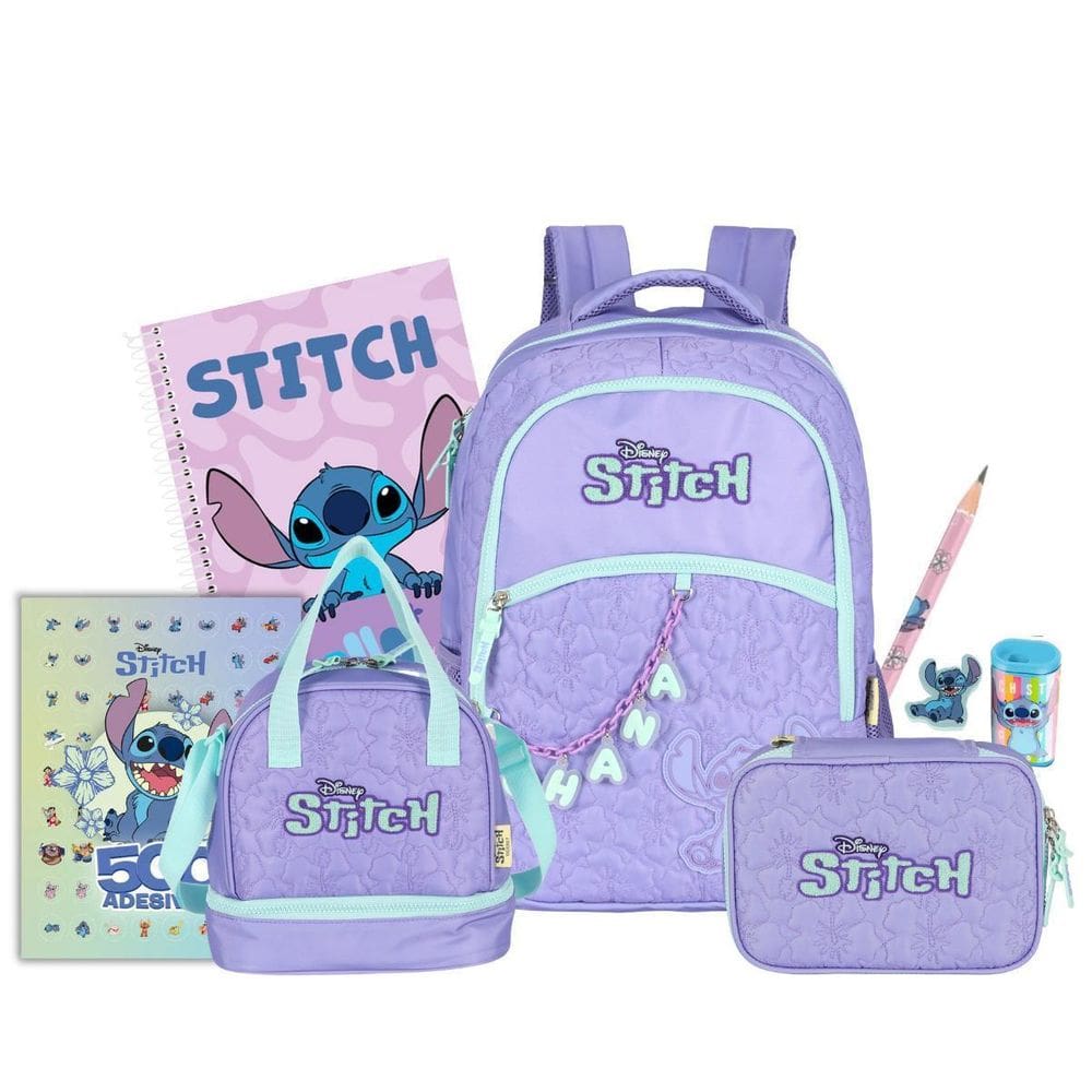Kit Mochila Stitch Costas Lancheira E Estojo Box Escola Roxo