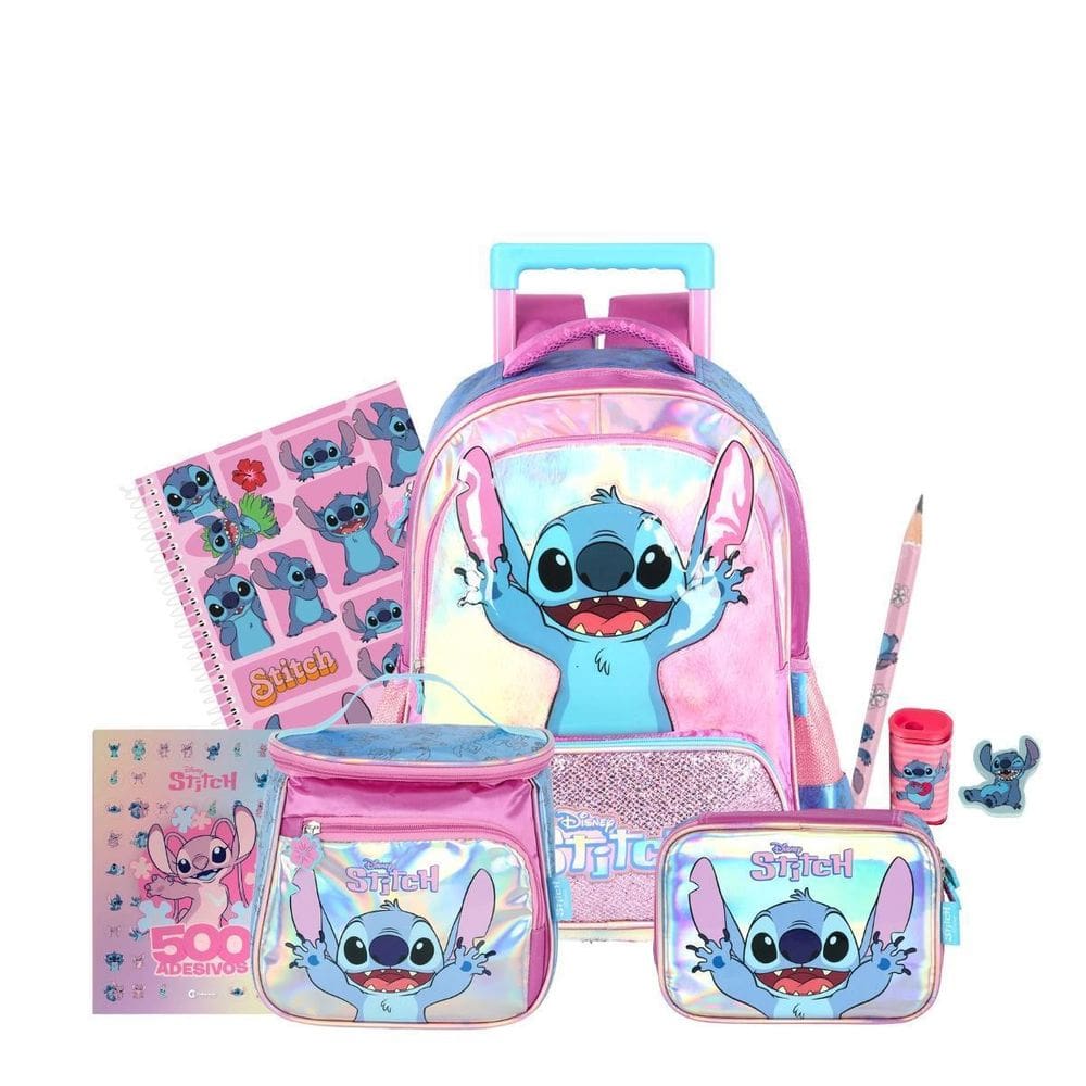 Kit Mochila Stitch Rodas Holográfico Lancheira E Estojo Box