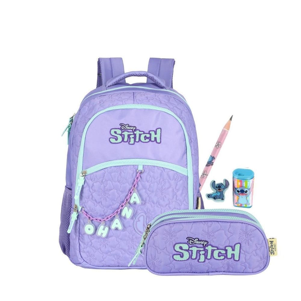 Kit Mochila Stitch De Costas E Estojo Triplo Matelassê Roxo