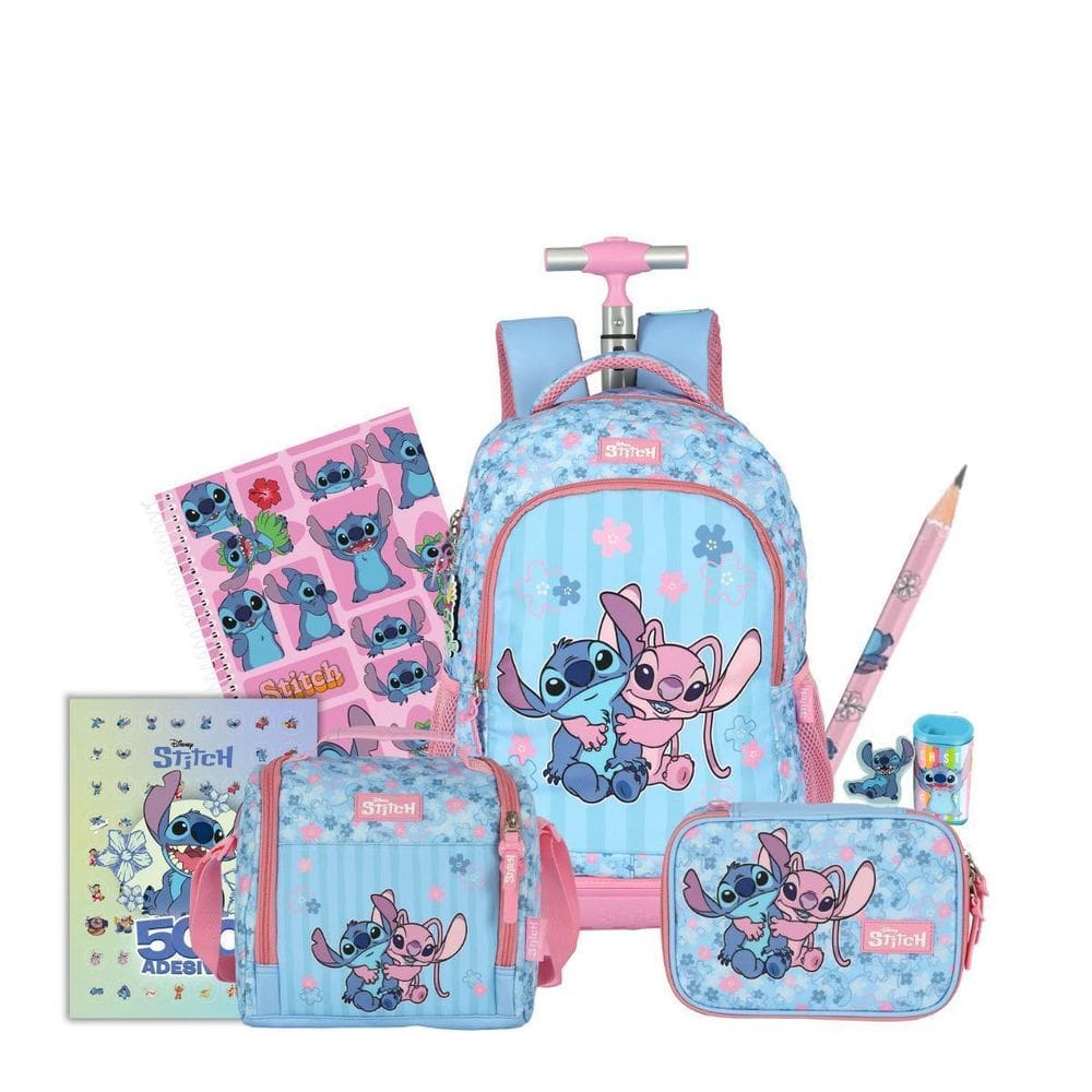 Kit Mochila Stitch Rodas Lancheira E Estojo Box Escolar Kids