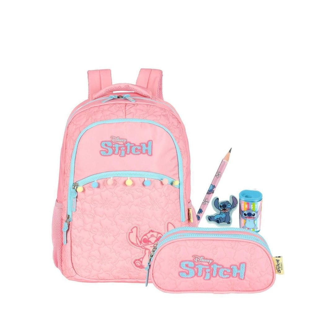 Kit Mochila Stitch Costas Matelassê E Estojo Triplo Escolar