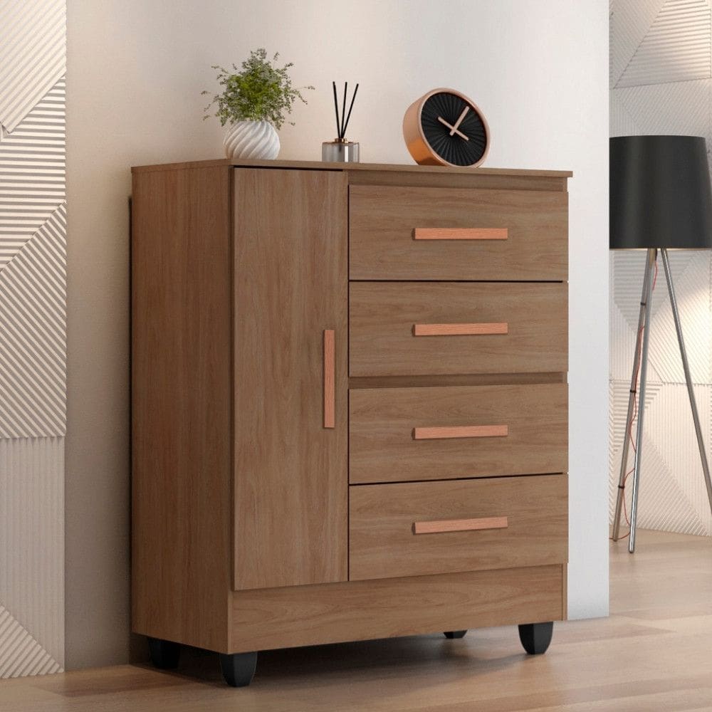 Comoda 4 Gavetas 1 Porta com Pes Lite Moveis Leao