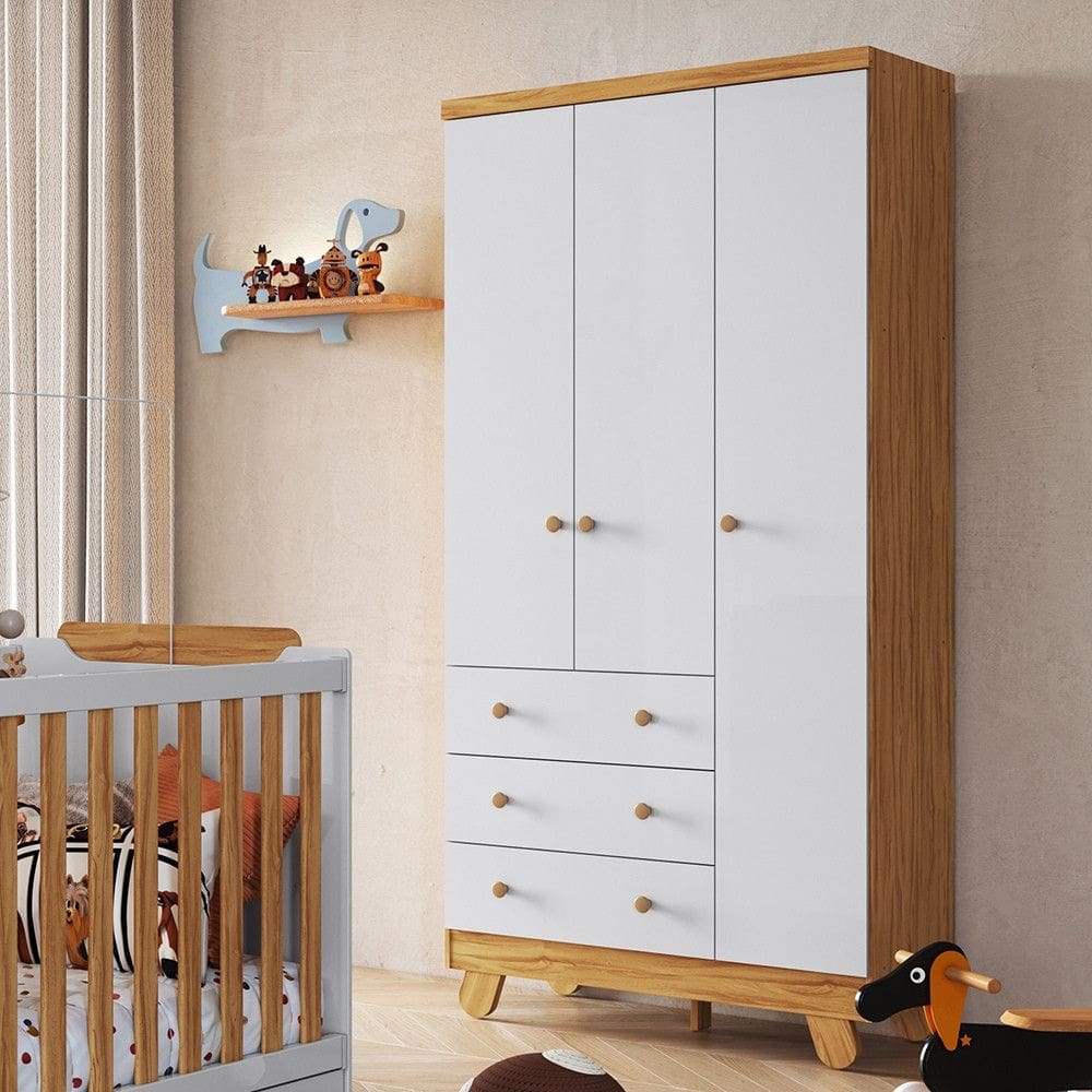 Guarda Roupa Infantil 3 Portas 3 Gavetas em MDF Pingo Moveis Peroba