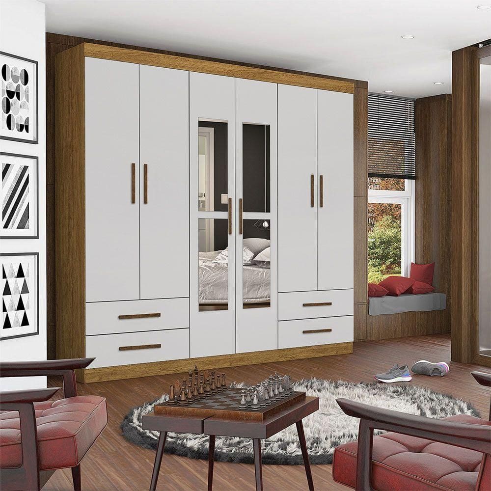 Guarda Roupa Casal Lu 6 Portas 4 Gavetas Com Espelho Carioca Cinamomo Com Off White