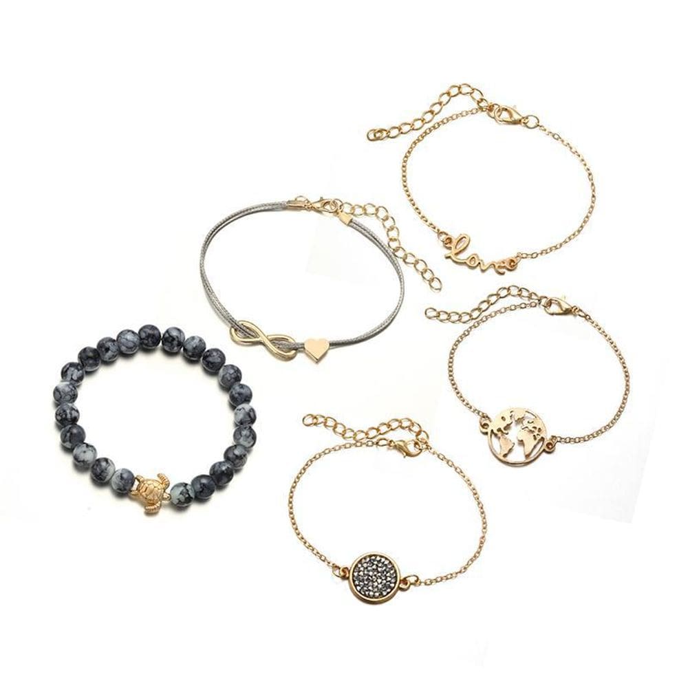 Pulseiras 5 Peças Love Mundo Infinito Tartaruga Cinza P3665