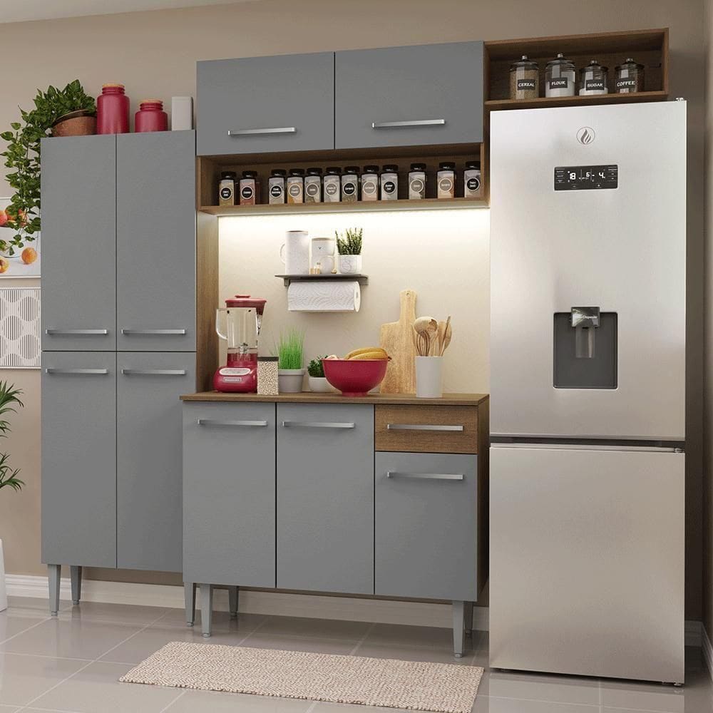 Armário De Cozinha Completa 229cm Rustic/cinza Emilly Madesa 18xa Rustic/cinza