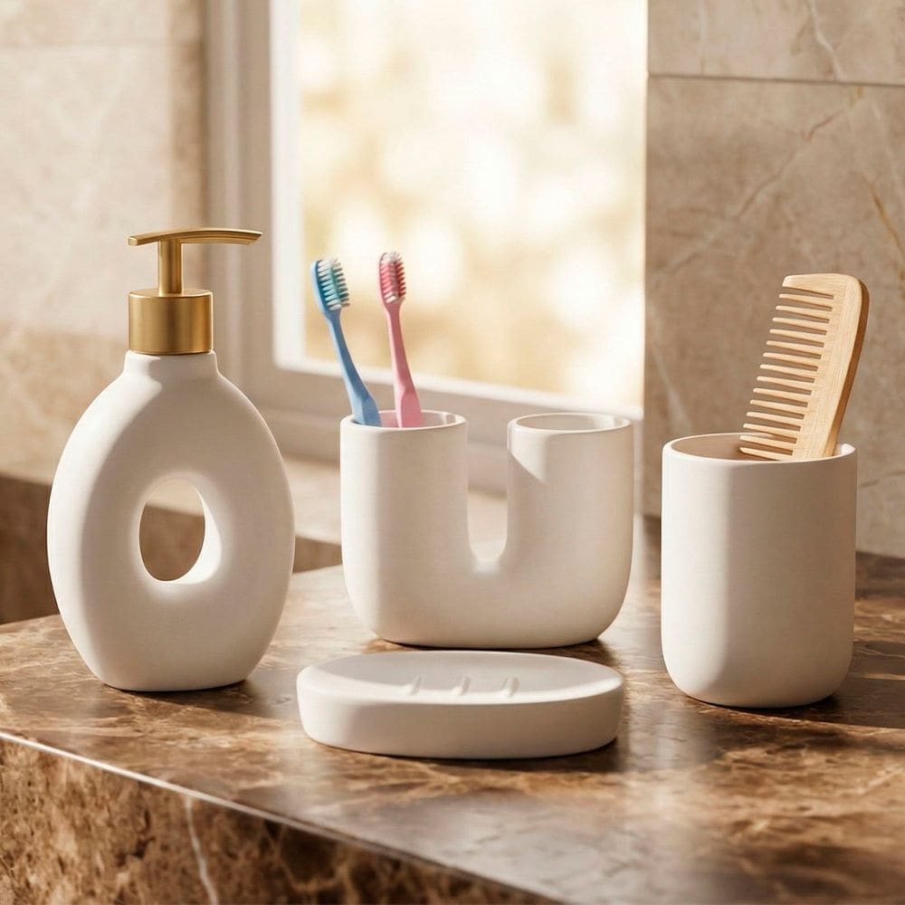 Jogo De Banheiro Acessórios Lavabo Elegante Branco Kit 4pçs