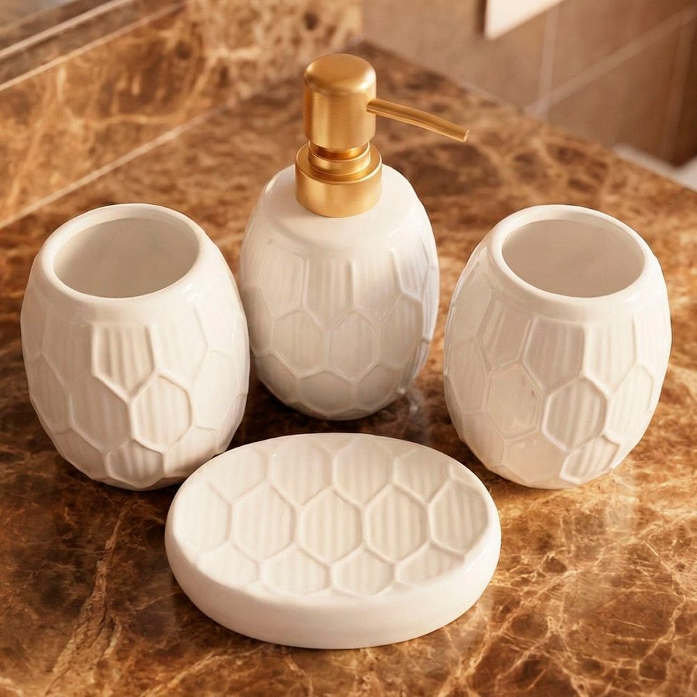 Jogo Banheiro Lavabo Acessórios Textura Hexagonal Kit 4pçs