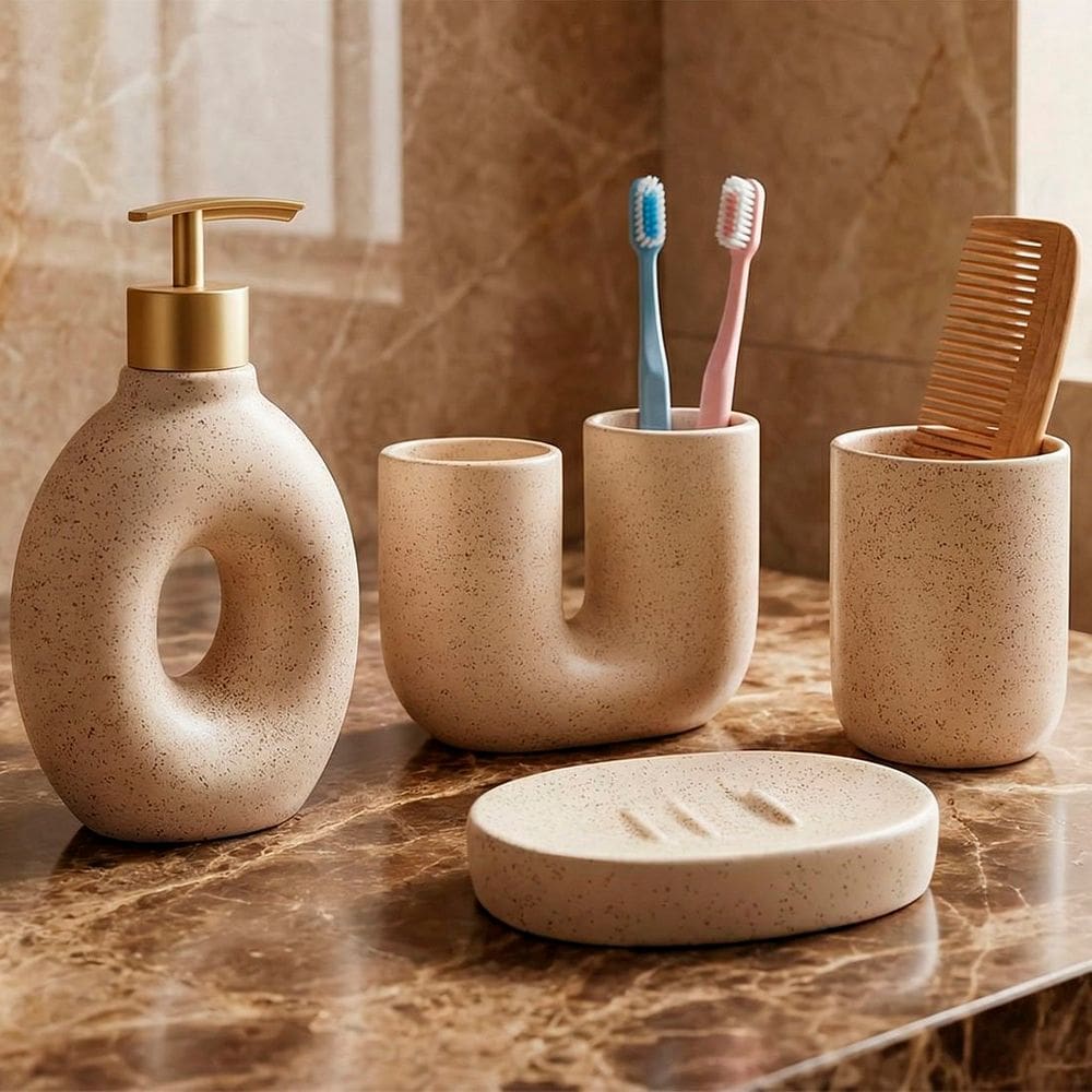 Jogo De Banheiro Acessórios Lavabo Elegante Areia Kit 4pçs