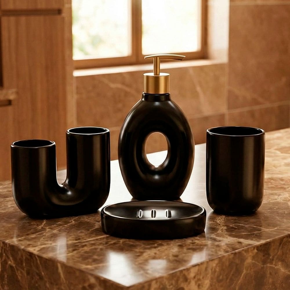 Jogo De Banheiro Acessórios Lavabo Elegante Preto Kit 4pçs