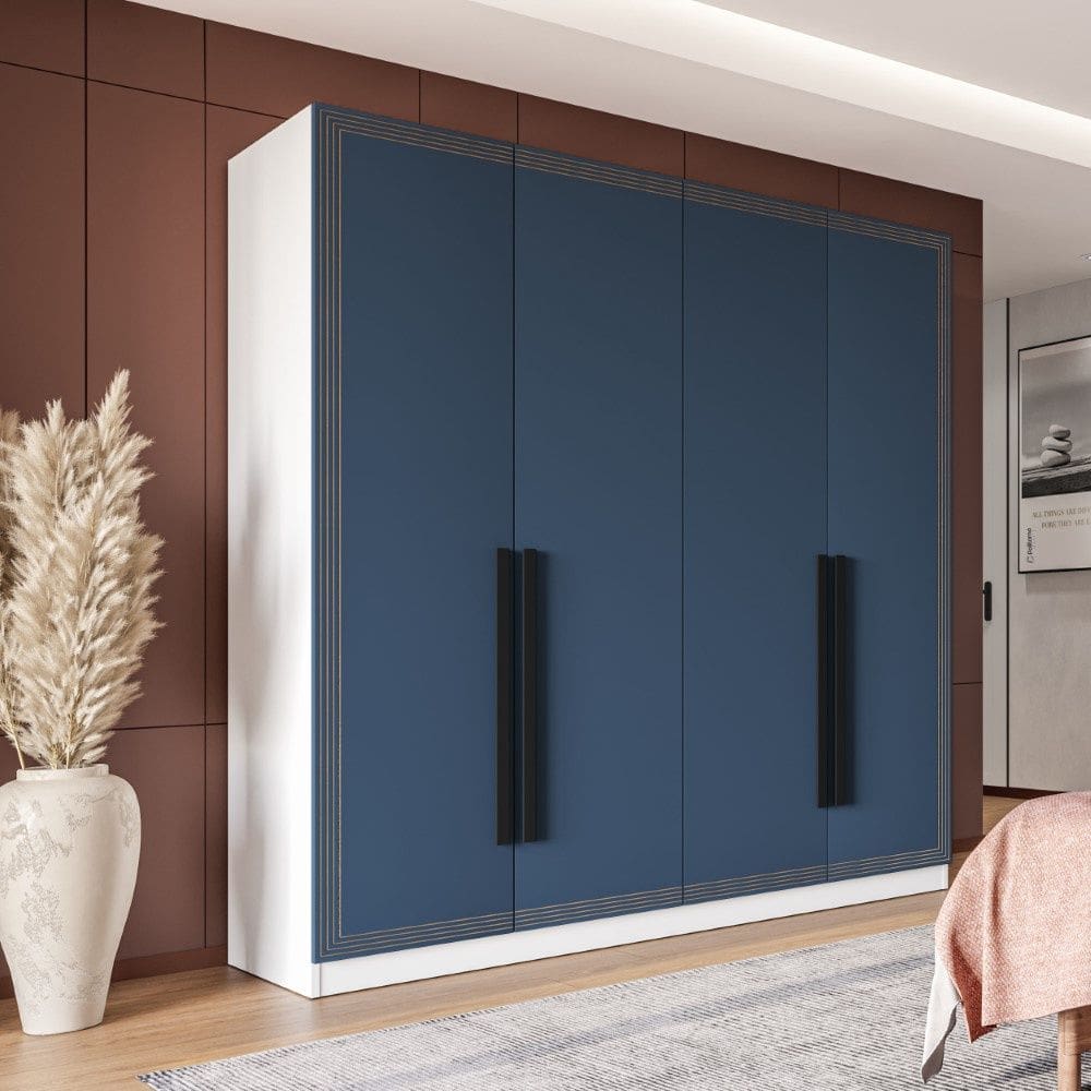 Guarda Roupa Roupeiro 4 portas 4 gavetas Valência Branco Azul Politorno Móveis