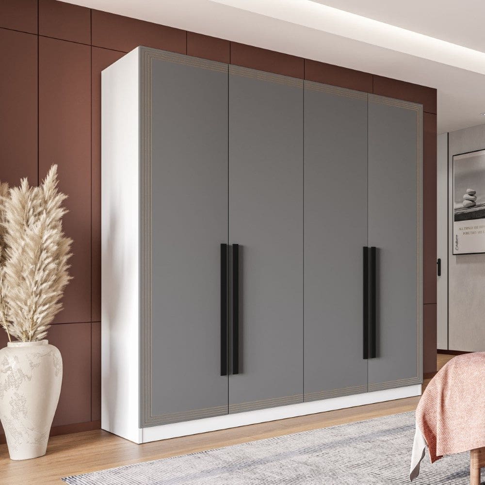 Guarda Roupa Roupeiro 4 portas 4 gavetas Valência Branco Cinza Politorno Móveis