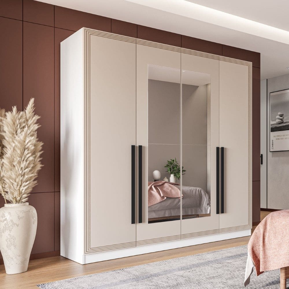 Guarda Roupa Roupeiro 4 portas 4 gavetas com Espelho Valência Branco Creme Politorno Móveis