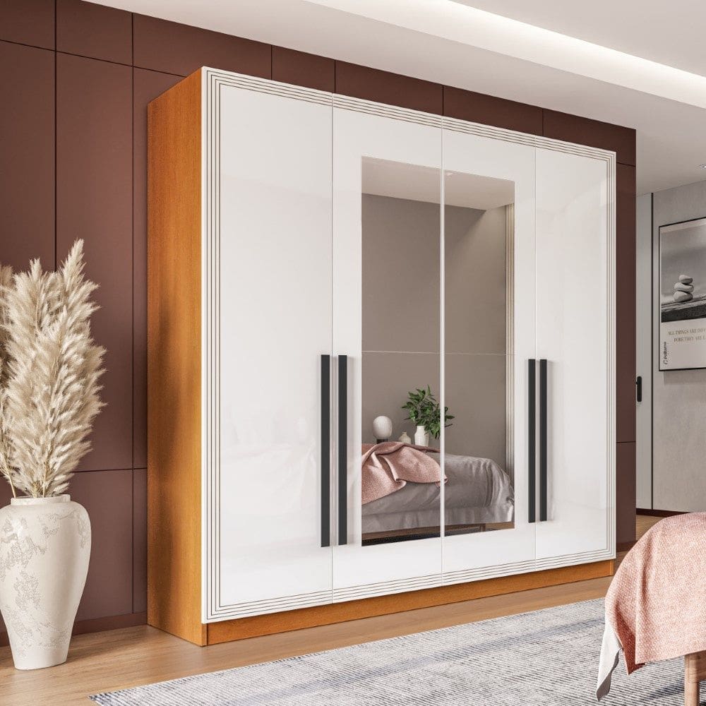 Guarda Roupa Roupeiro 4 portas 4 gavetas com Espelho Valência Freijó Branco Politorno Móveis