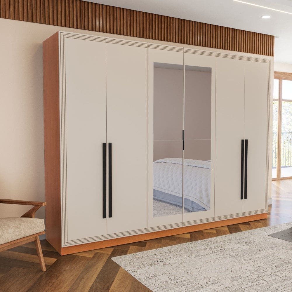 Guarda Roupa Roupeiro 6 portas 4 gavetas com Espelho Valência Freijó Creme Politorno Móveis