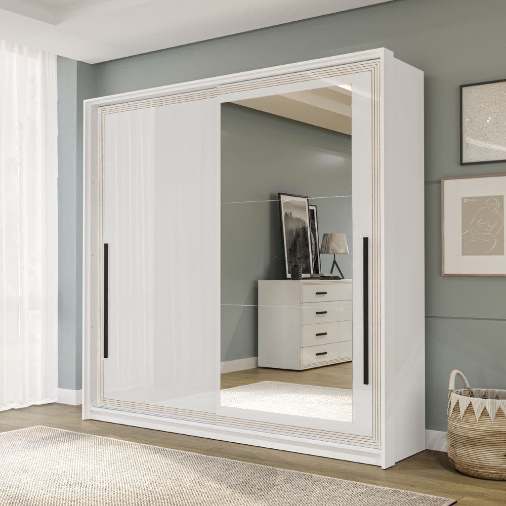 Guarda Roupa Roupeiro 2 portas de correr 2 gavetas com Espelho Valência Branco Politorno Móveis