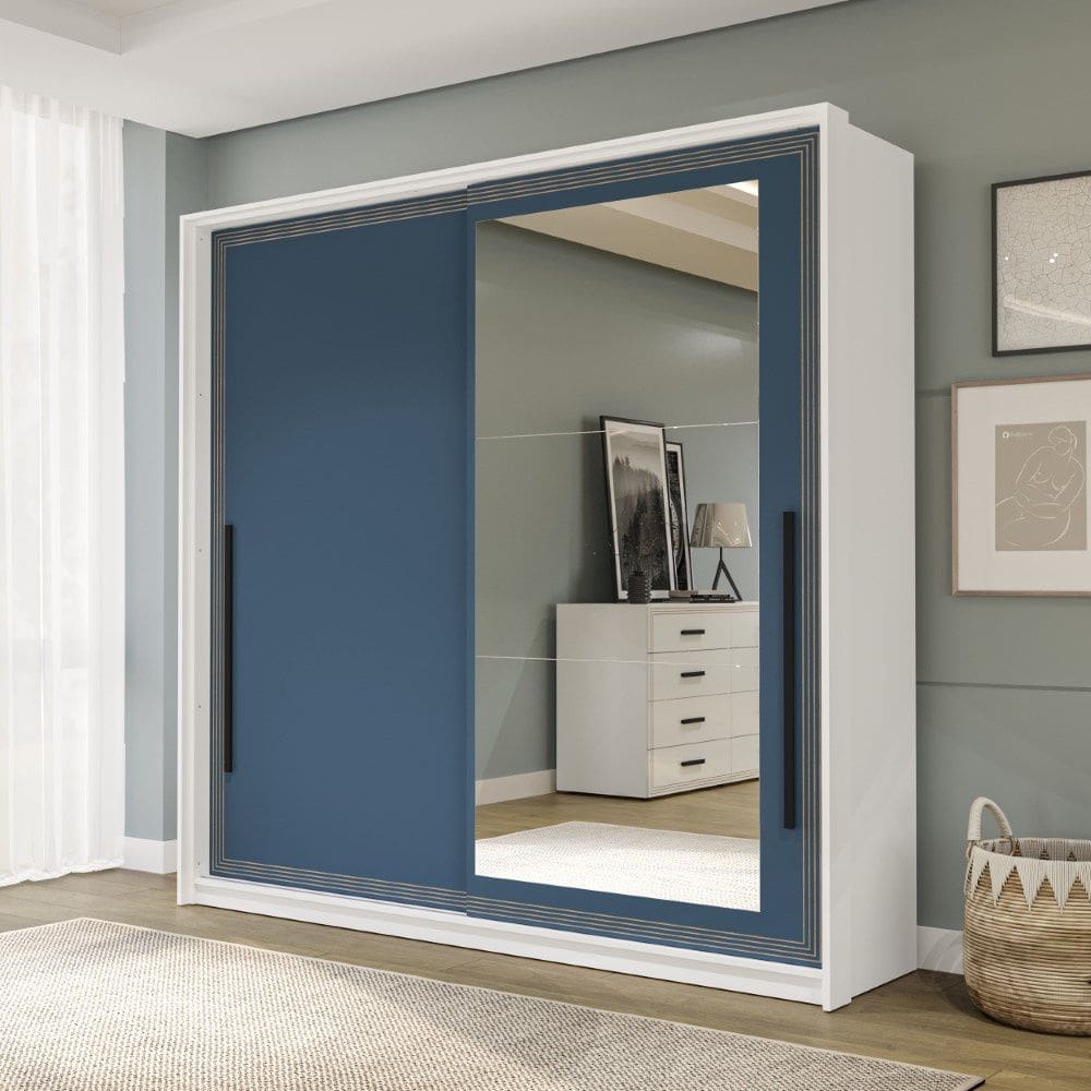 Guarda Roupa Roupeiro 2 portas de correr 2 gavetas com Espelho Valência Branco Azul Politorno Móveis