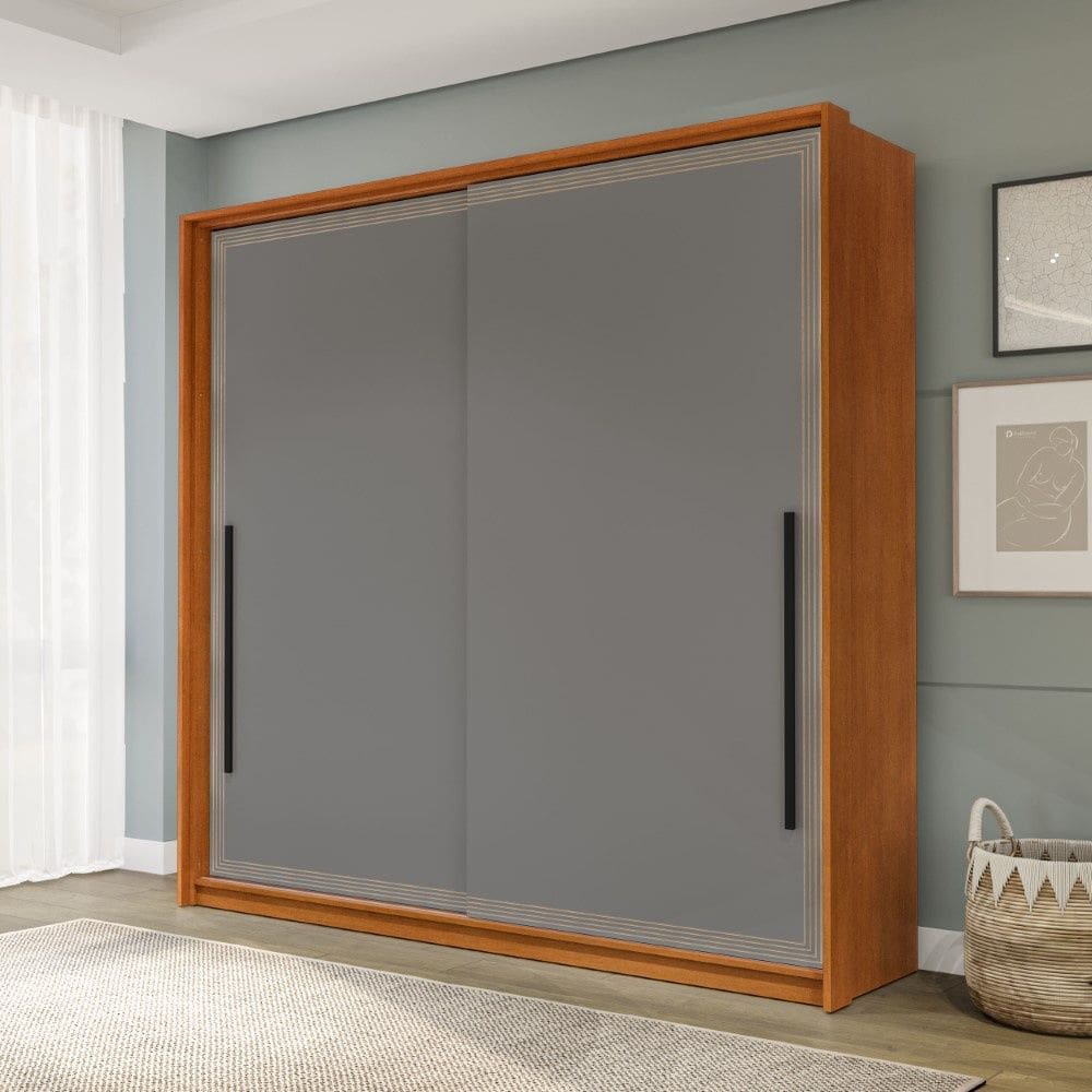 Guarda Roupa Roupeiro 2 portas de correr 2 gavetas Valência Freijó Cinza Politorno Móveis