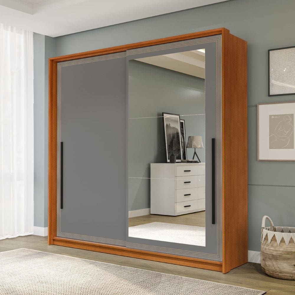 Guarda Roupa Roupeiro 2 portas de correr 2 gavetas com Espelho Valência Freijó Cinza Politorno Móveis