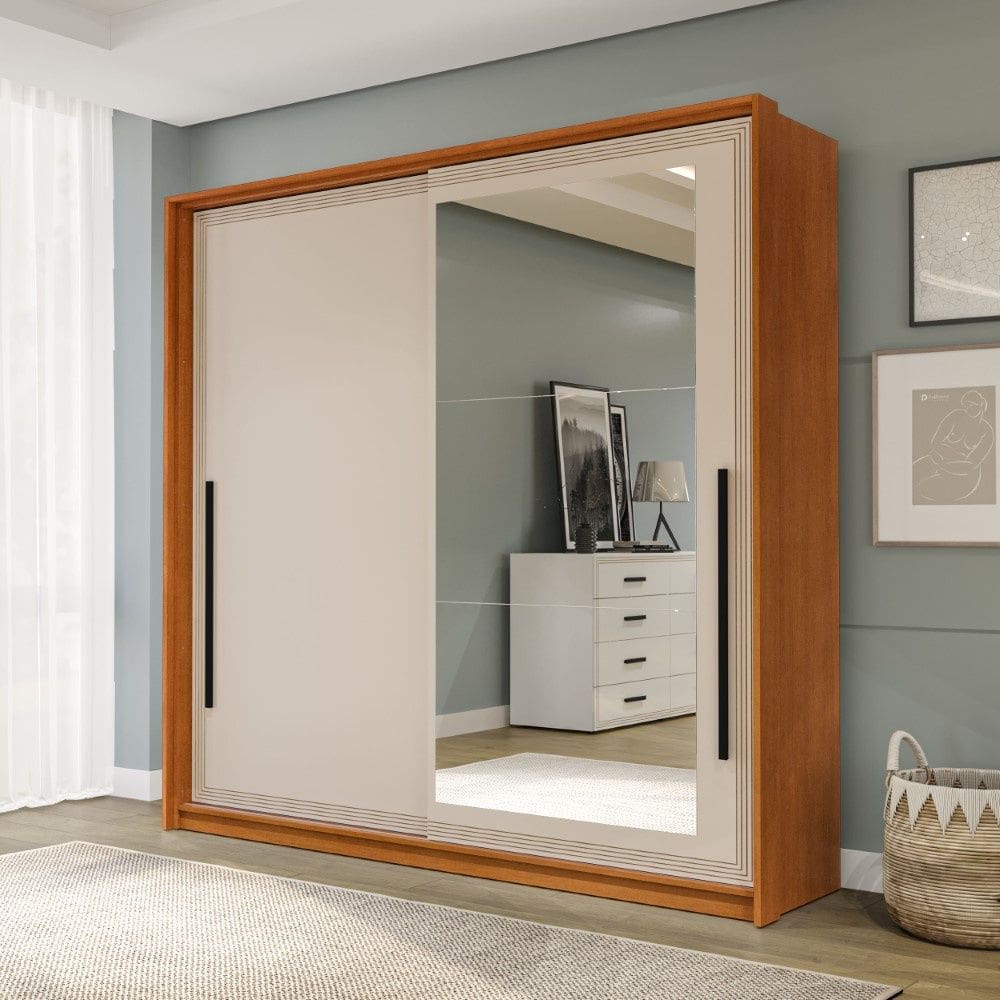 Guarda Roupa Roupeiro 2 portas de correr 2 gavetas com Espelho Valência Freijó Creme Politorno Móveis