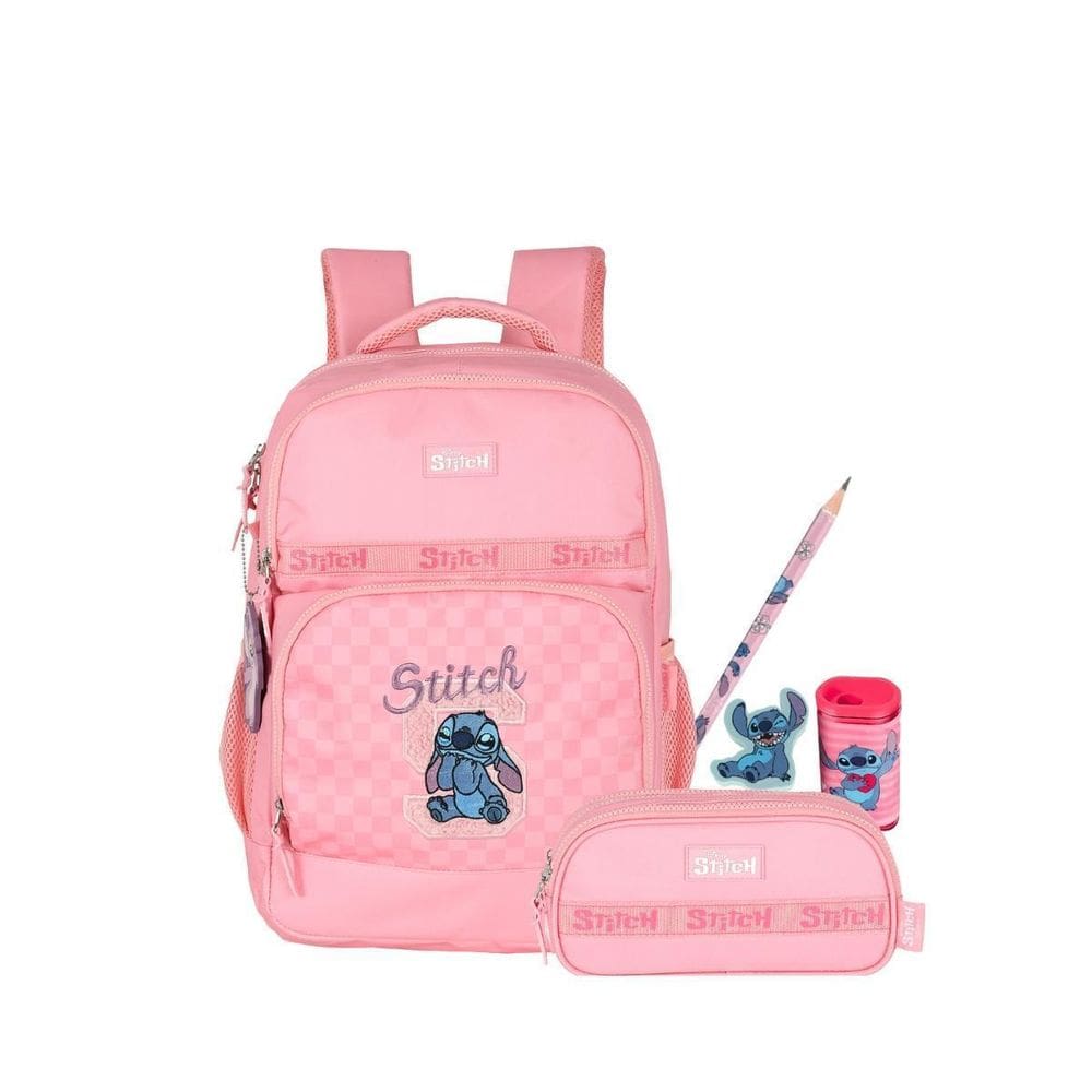 Kit Mochila Stitch De Costas E Estojo Triplo Escolar Rosa