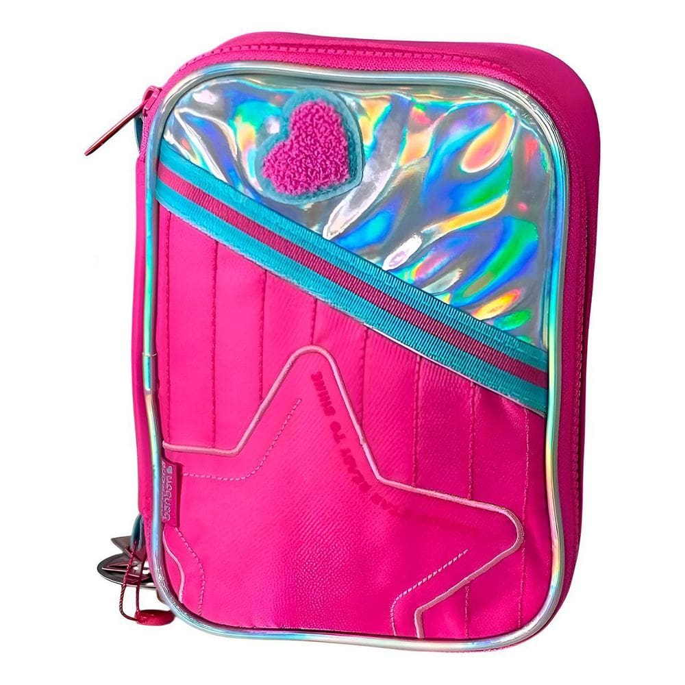Estojo Box Holográfico Escolar Juvenil Rosa Organizador