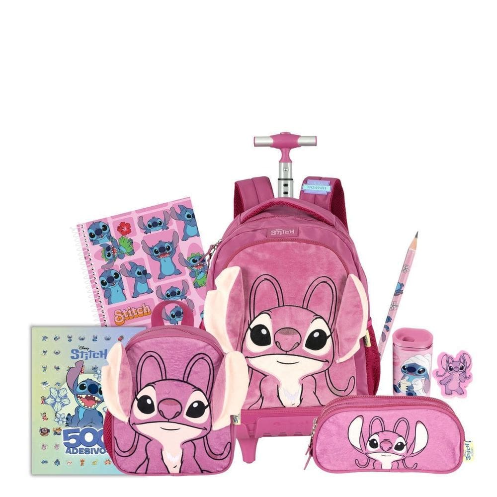 Kit Mochila Stitch Rodas Lancheira E Estojo Triplo Pelucia
