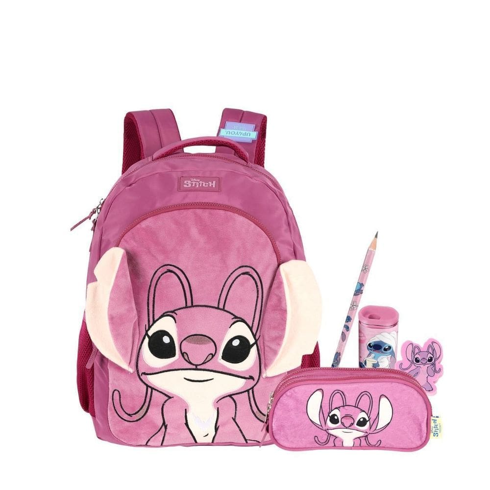 Kit Mochila Stitch Costas Peluciado E Estojo Triplo Escolar