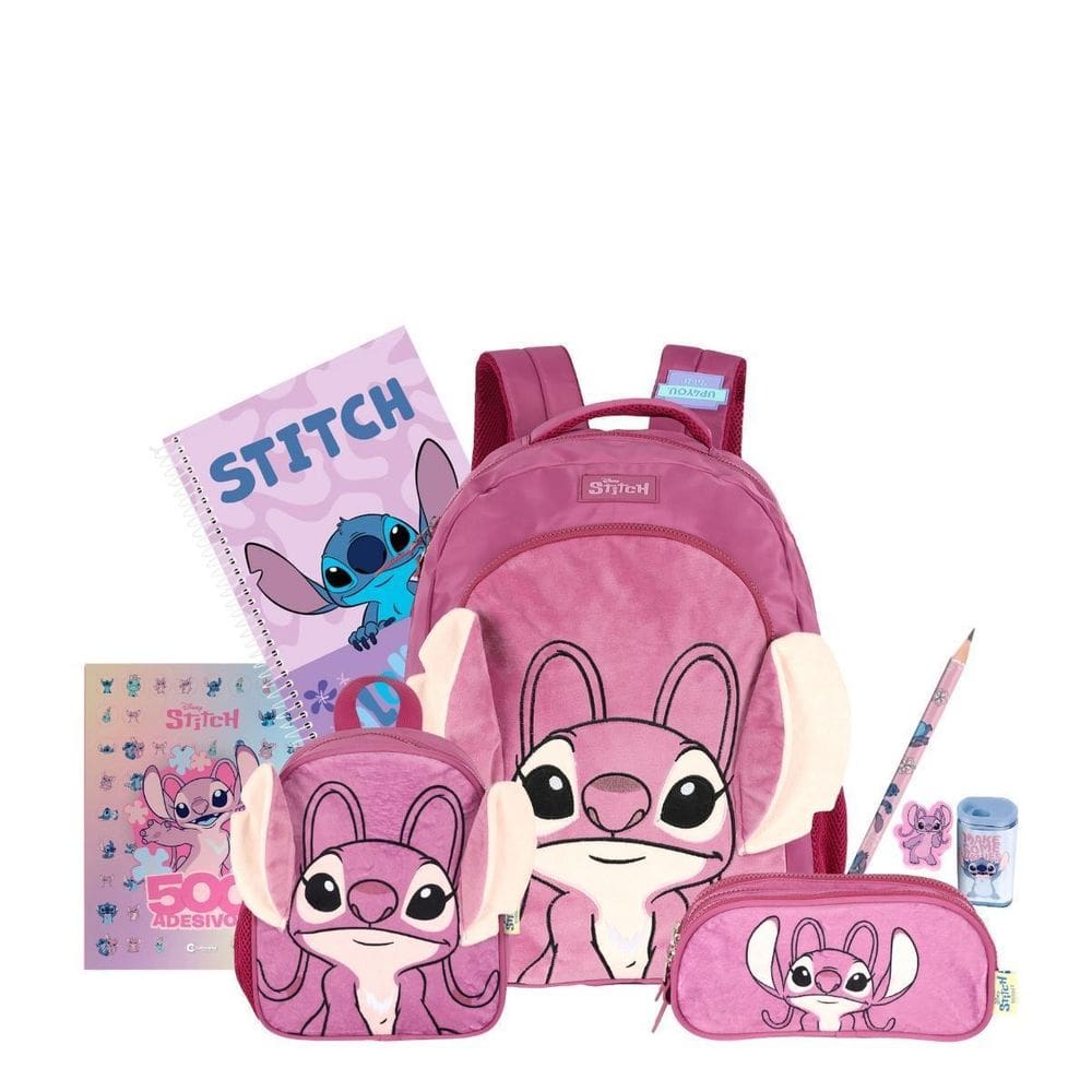 Kit Mochila Stitch Costas Lancheira E Estojo Triplo Roxo
