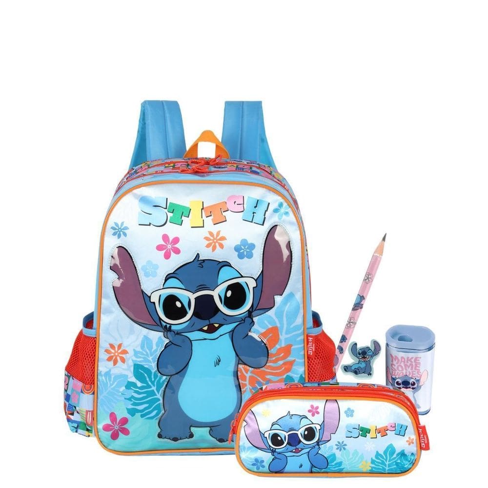 Kit Mochila De Costas Stitch E Angel E Estojo Duplo Infantil