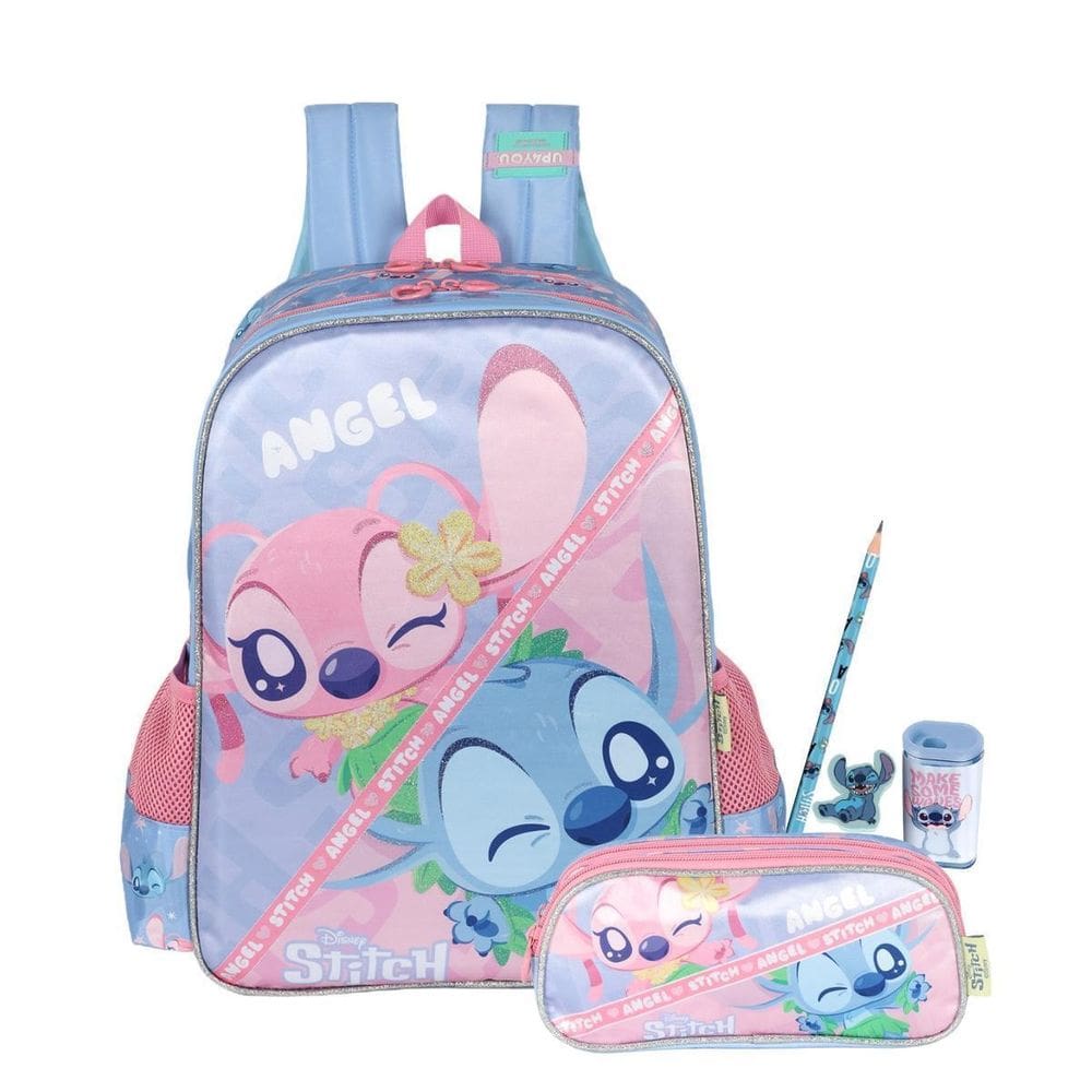 Kit Mochila Stitch Costas E Estojo Duplo Meninas Escolar