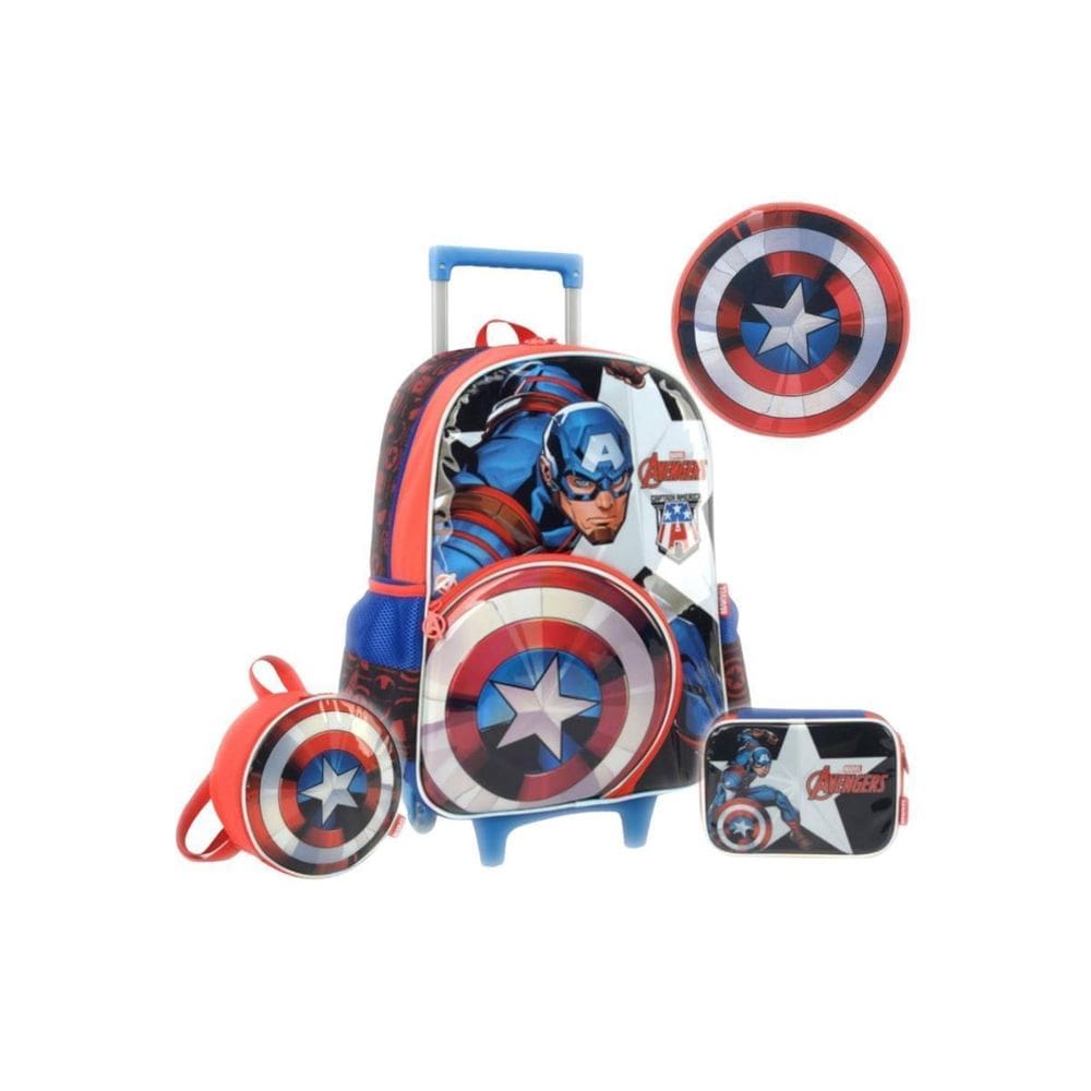 Kit Mochila Rodas Capitão America Estojo Lancheira Azul