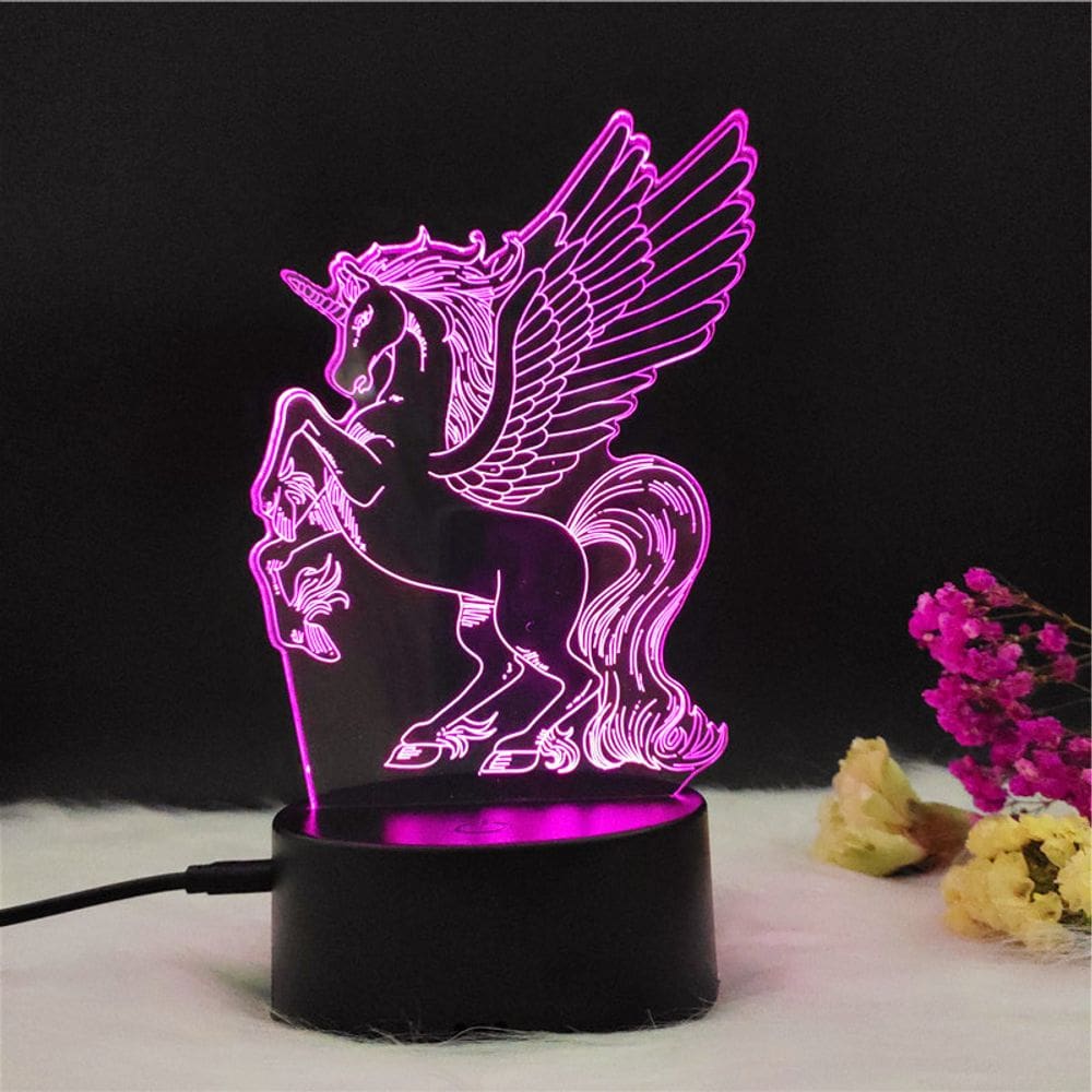 Lâmpada de luz noturna Crackle Unicorn 3D LED acrílico colorido