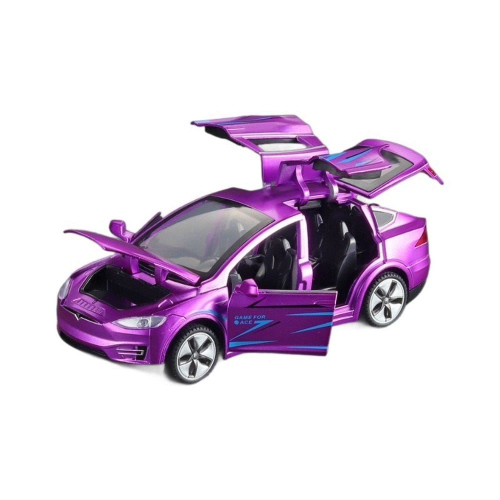 Carro fundido sob pressão Tesla Model X em escala 1:32 com som e roxo claro