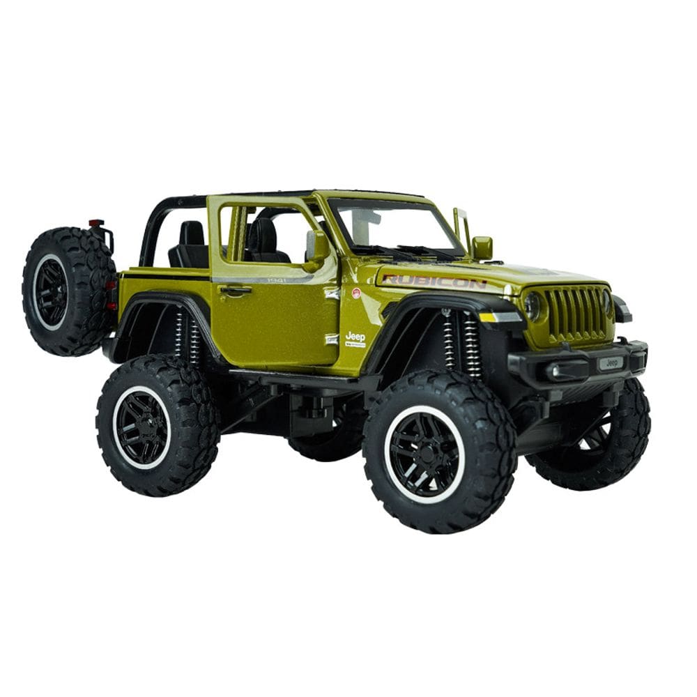 Carro de brinquedo Jeep Wrangler em escala 1:24 com rodas grandes e conversível