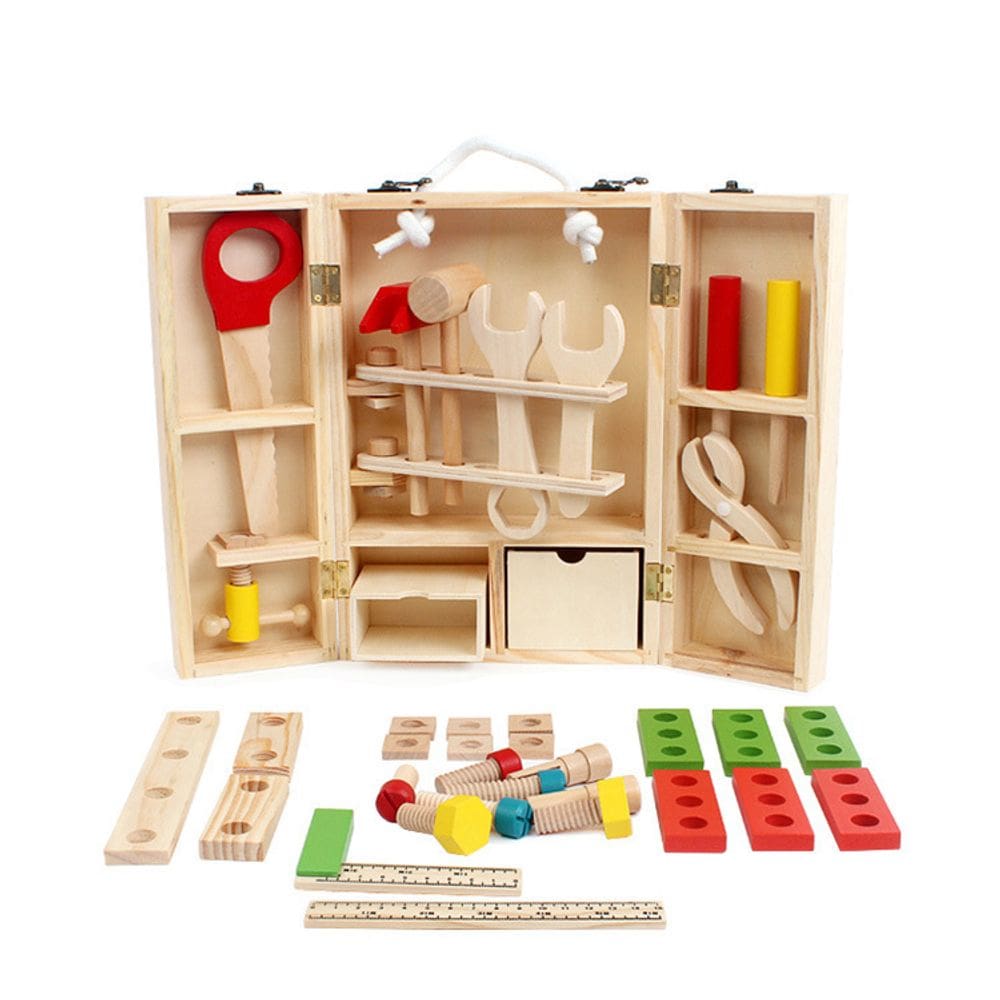 Caixa de ferramentas para crianças de madeira para aprendizagem precoce com chave de fenda